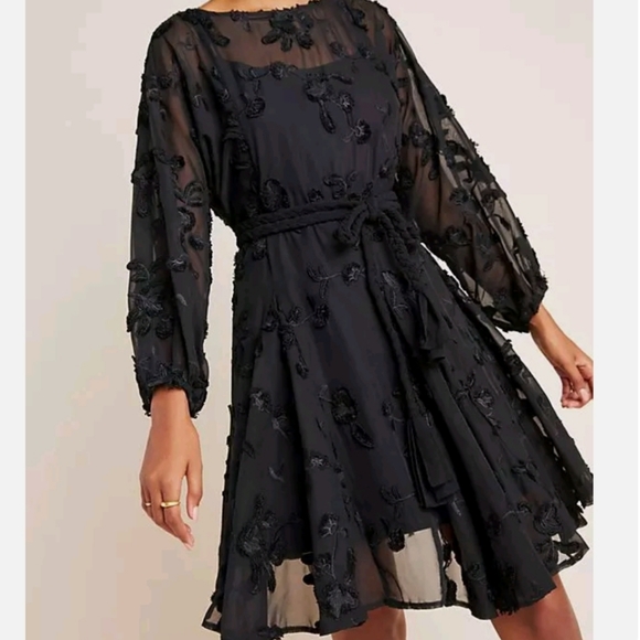 Anthropologie Dresses & Skirts - 🚫*SOLD* NWOT Anthropologie Amal embroidered black long sleeve tie waist dress